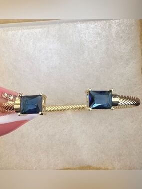 Gold Cable Bracelet with Deep Blue Square Crystal Accents